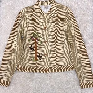F.L. Malik Size M Brown Cream‎ Zebra Strip Monkey  Palm Tree Embroidered Blazer